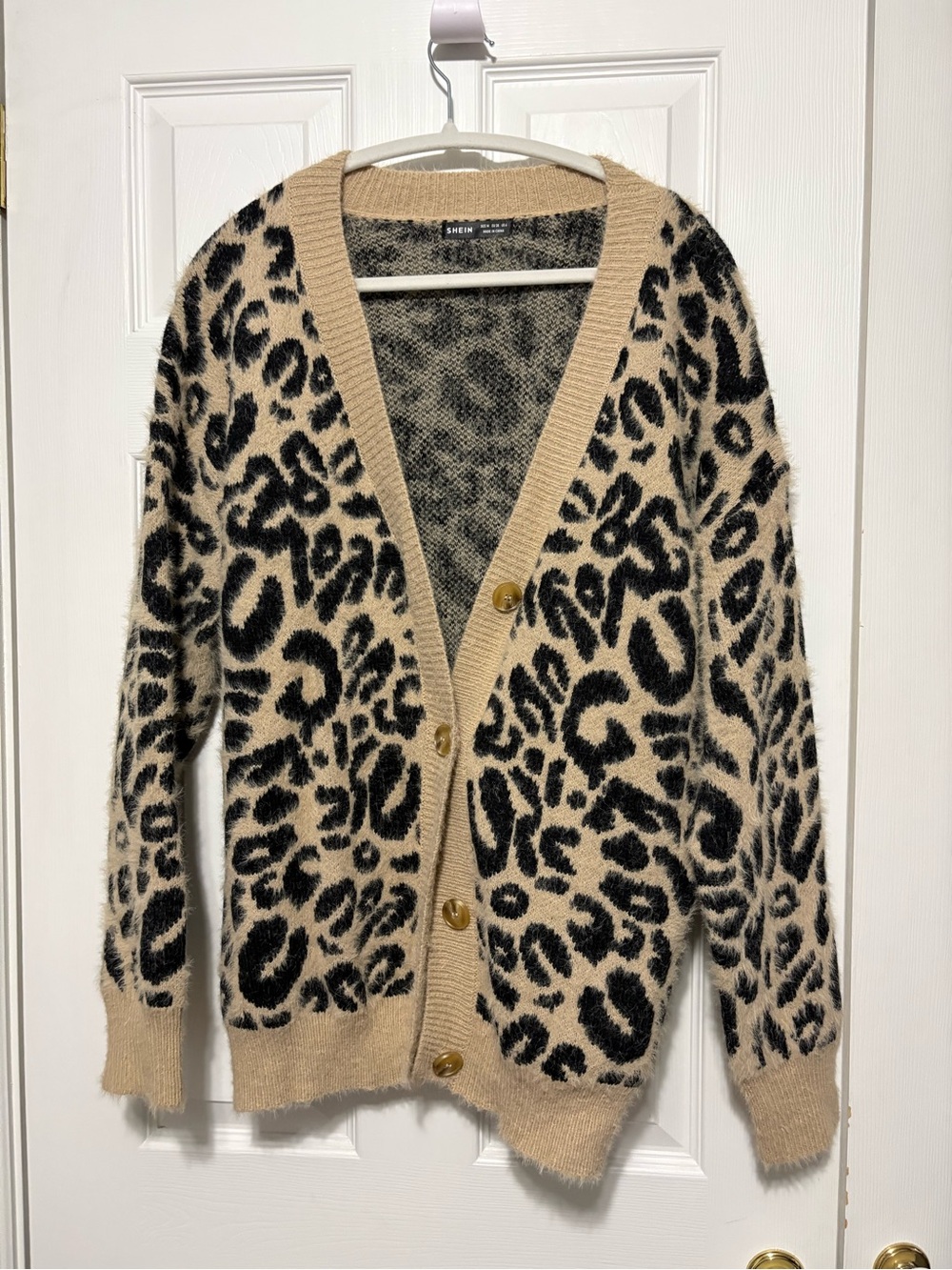 SHEIN Beige and Black Leopard-Print Button Cardigan